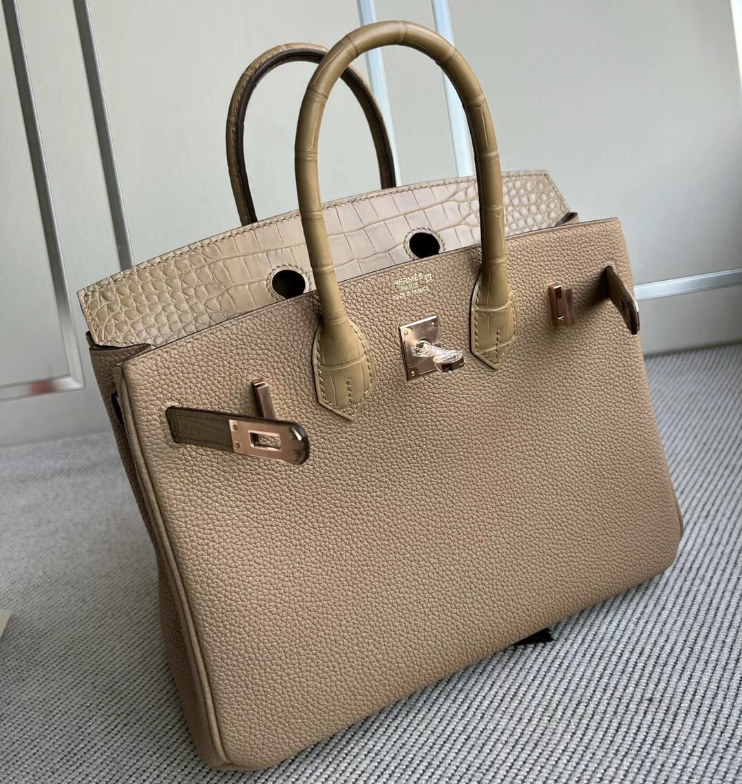 愛馬仕包包圖片及價格Hermes Price Birkin25 Touch Togo crocodile Chai 瑪薩拉茶色玫瑰金扣