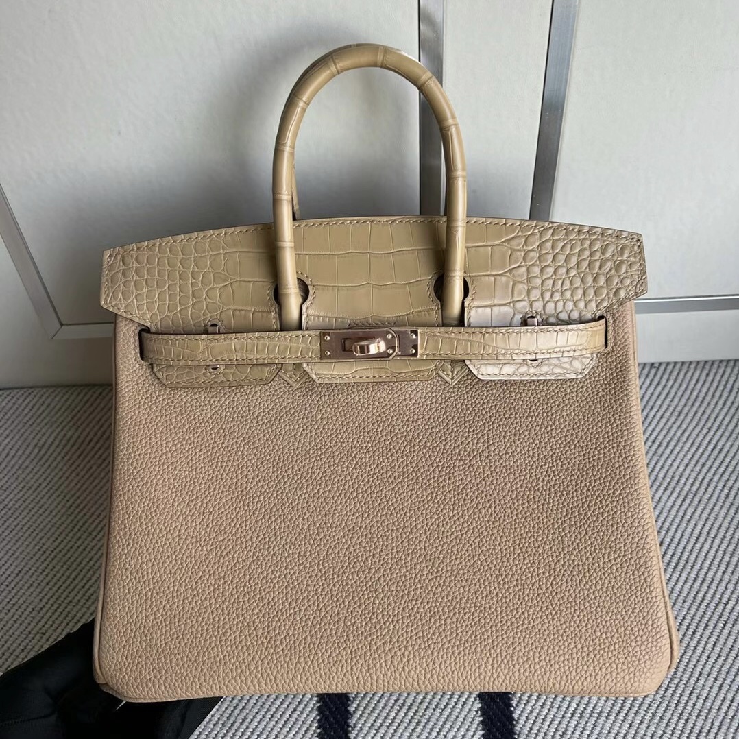 愛馬仕包包圖片及價格Hermes Price Birkin25 Touch Togo crocodile Chai 瑪薩拉茶色玫瑰金扣