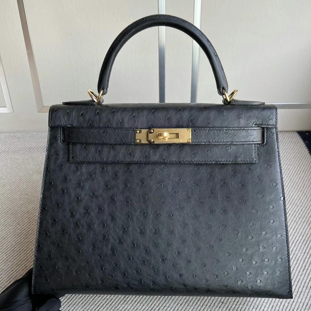 新加坡愛馬仕官網包包圖片 Hermes Price and pictures Kelly 28 Ostrich Noir 黑色金扣