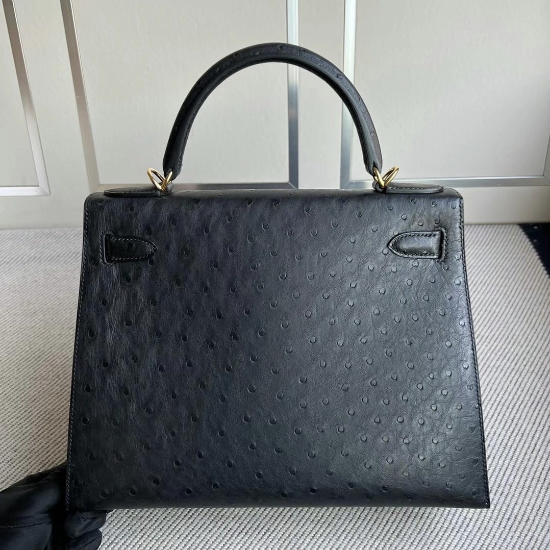 新加坡愛馬仕官網包包圖片 Hermes Price and pictures Kelly 28 Ostrich Noir 黑色金扣