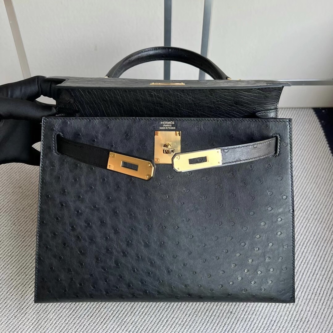 新加坡愛馬仕官網包包圖片 Hermes Price and pictures Kelly 28 Ostrich Noir 黑色金扣