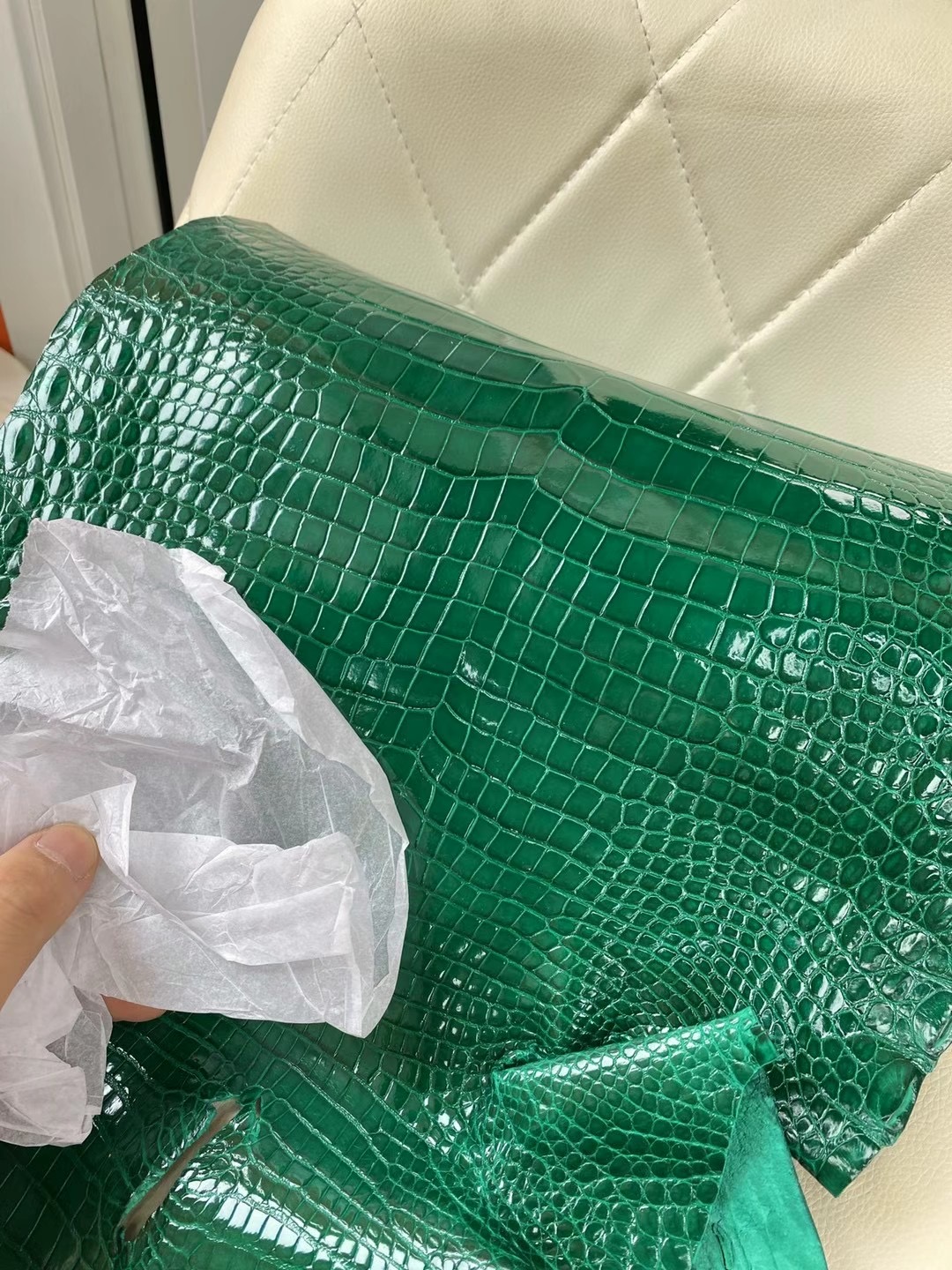 愛馬仕翡翠綠 亮面倒V澳洲灣鱷皮革 Hermes Very Emerald Porosus Crocodile