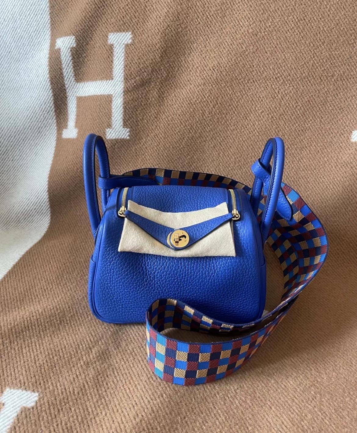 愛馬仕迷你lindy價格 Hermes Mini lindy Clemence 拼編織布肩帶 O8 皇家藍 Bleu Royal