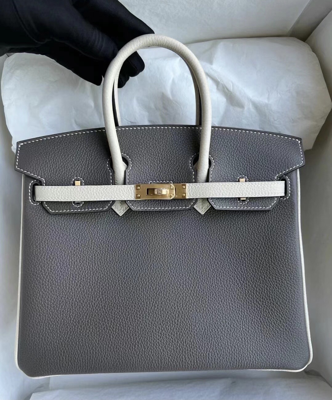 印尼愛馬仕鉑金包價格及圖片 Hermes Birkin 25 Hss Togo Etain/Craie拉絲金扣