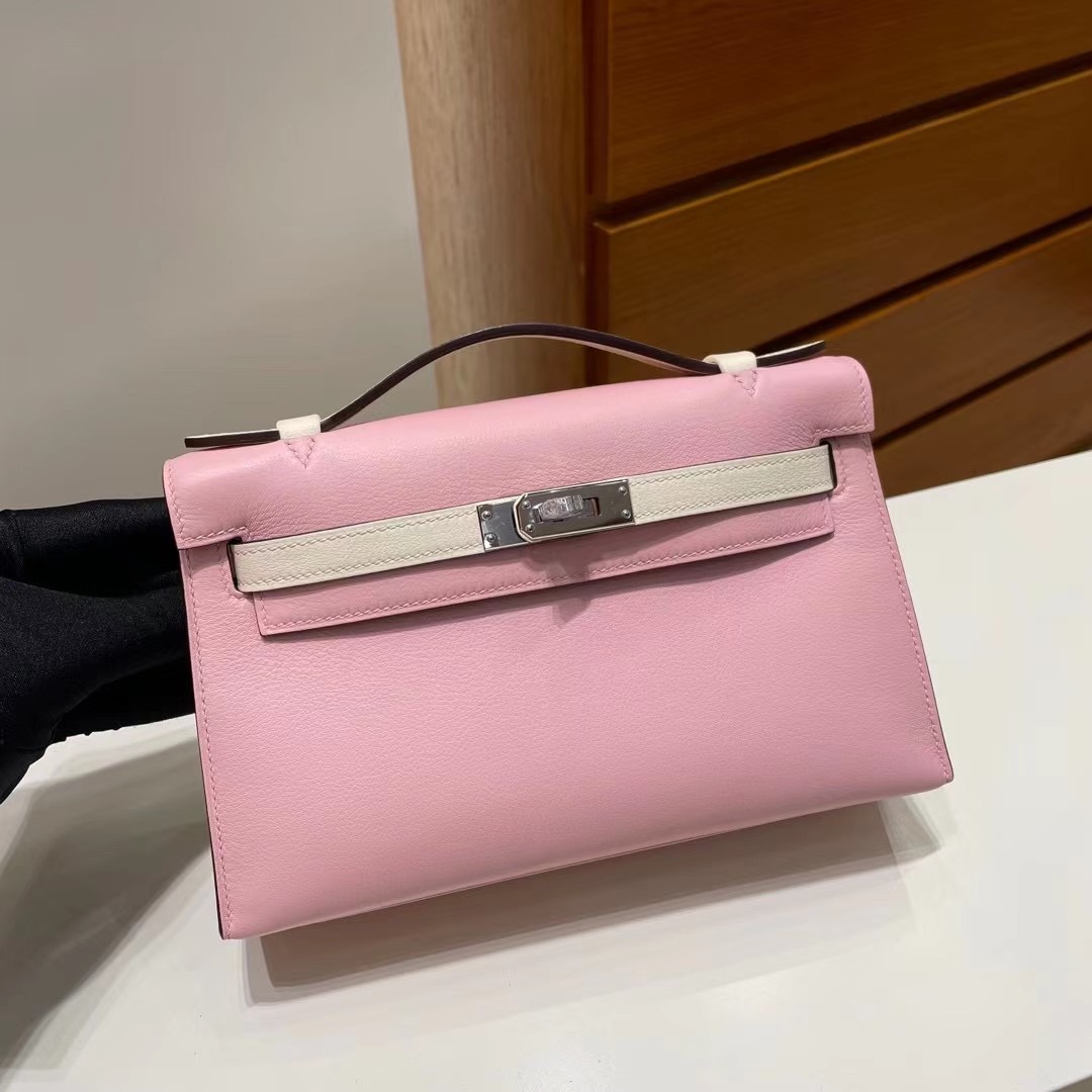 愛馬仕各國官方網站網址 Hermès Mini Kelly Pochette Swift Rose Saiura Craie 銀扣