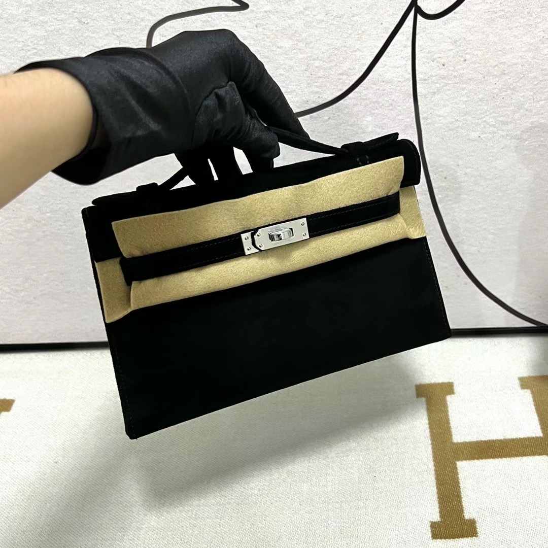 愛馬仕迷你凱莉一代香港價格多少錢 Hermes MiniKelly Pochette Boblis Suede 麂皮黑色銀扣