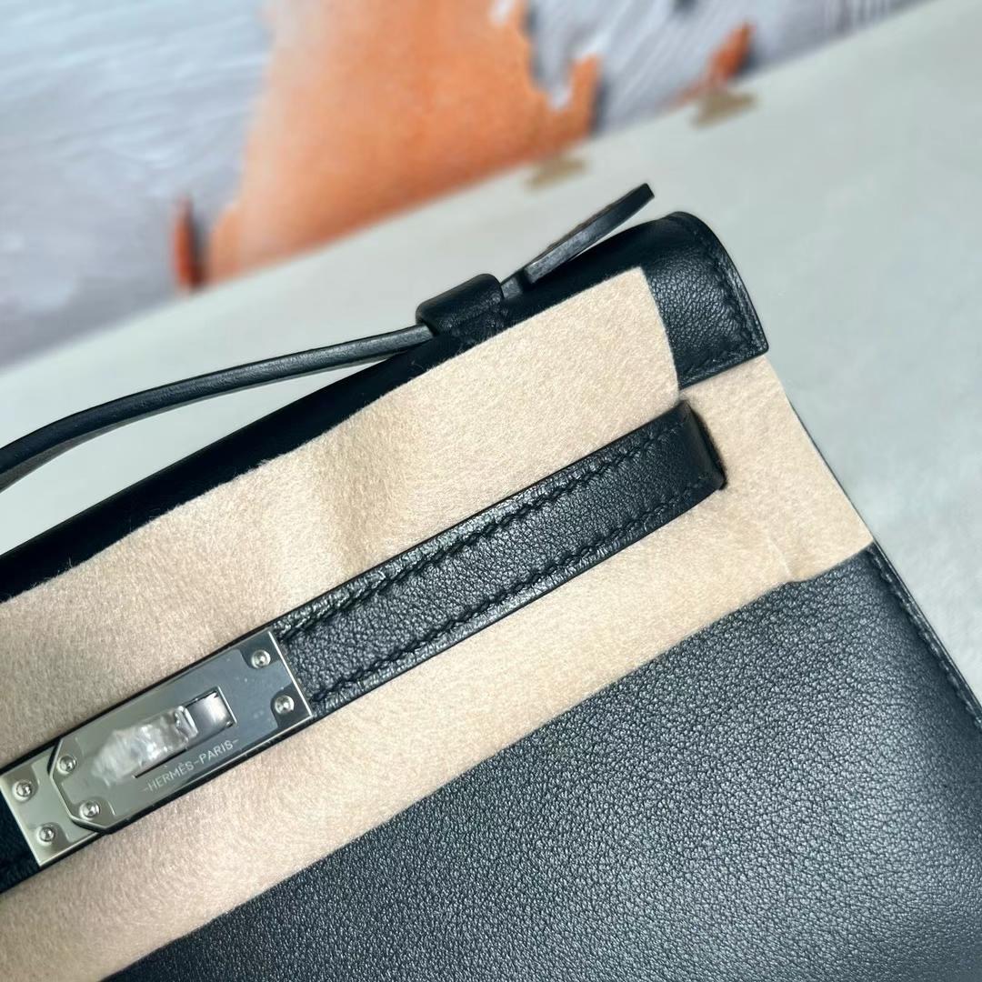 愛馬仕 Hermes Mini Kelly Pochette Swift CK89 Noir 黑色 銀扣