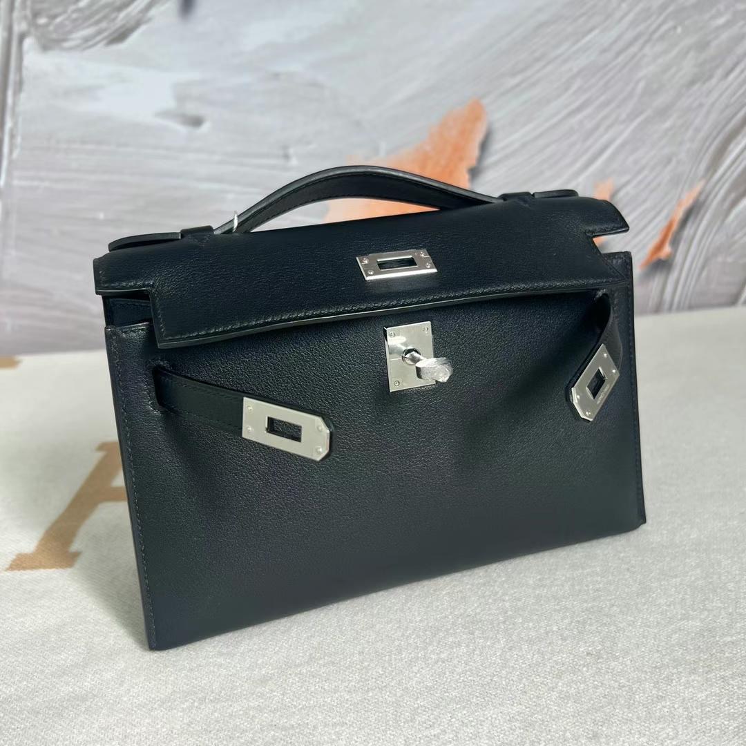 愛馬仕 Hermes Mini Kelly Pochette Swift CK89 Noir 黑色 銀扣