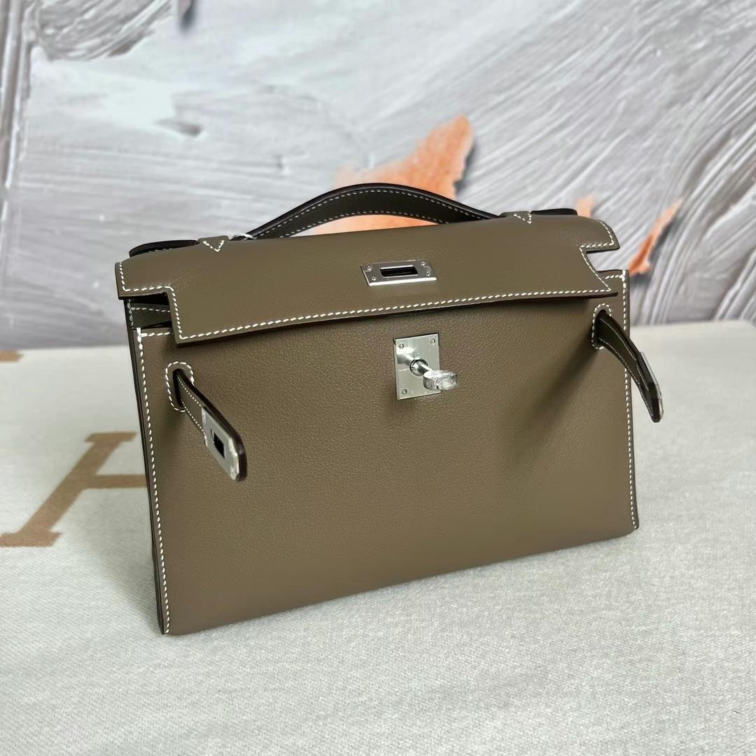 新加坡愛馬仕包包價格及圖片 Hermes Mini Kelly Pochette Swift Etoupe 大象灰銀扣