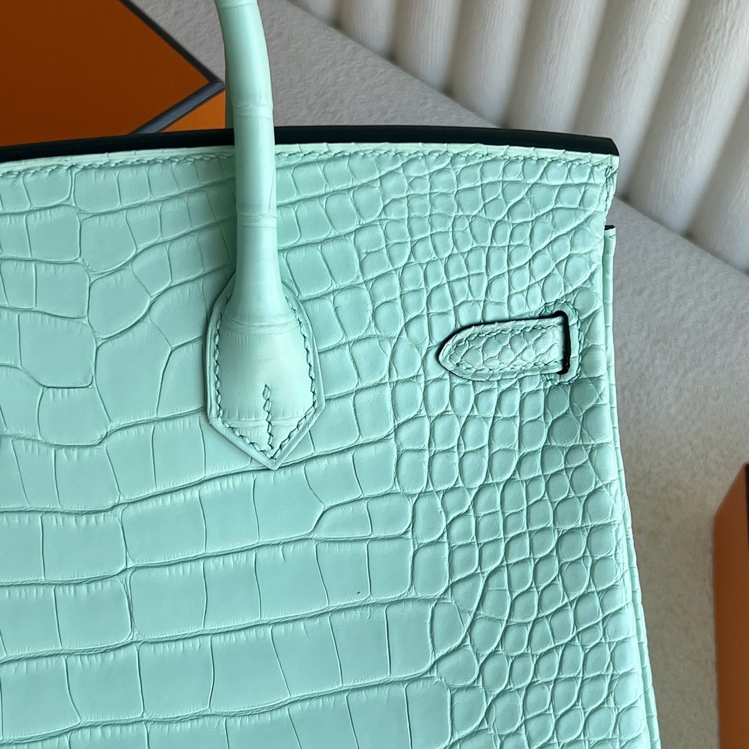 愛馬仕包包香港專賣店 Hermès Birkin 25霧面美洲鱷魚皮 6U Vert D’Eau水綠色新薄荷綠 金色五金