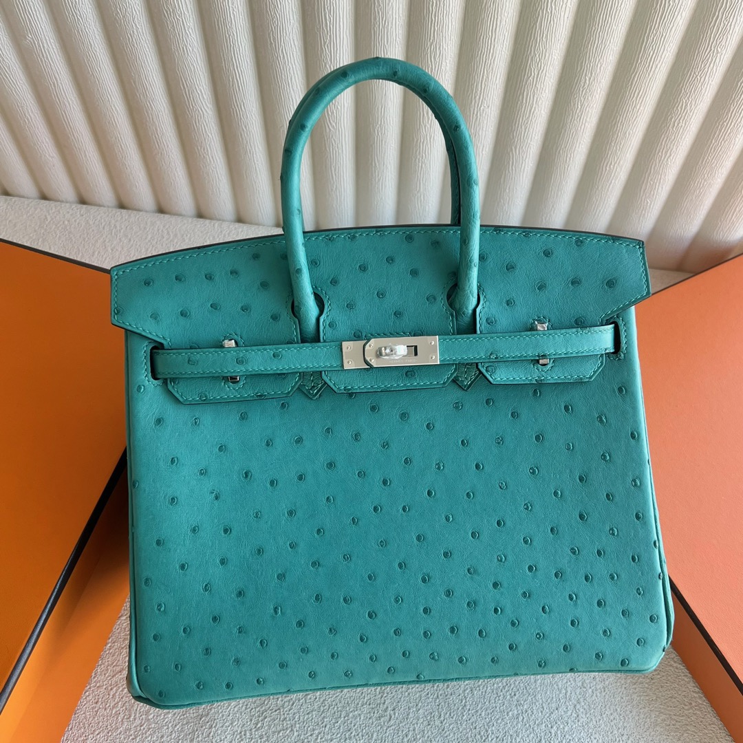 愛馬仕包包臺灣專賣店 Hermès Birkin 25 南非Klein Karoo鴕鳥皮Vert verone維羅納綠內拼Rose Azalee杜鵑粉新唇膏粉