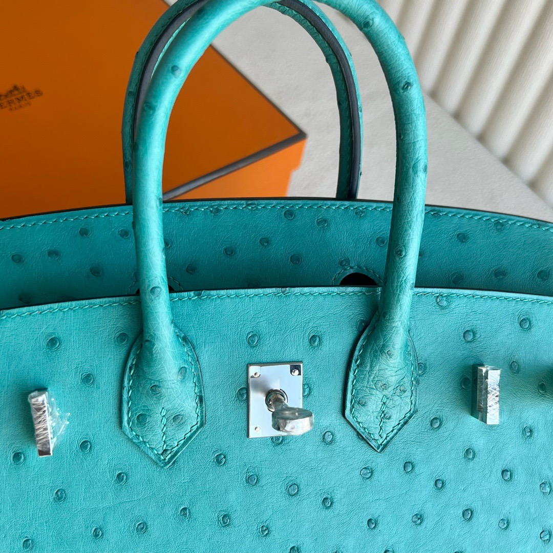 愛馬仕包包臺灣專賣店 Hermès Birkin 25 南非Klein Karoo鴕鳥皮Vert verone維羅納綠內拼Rose Azalee杜鵑粉新唇膏粉