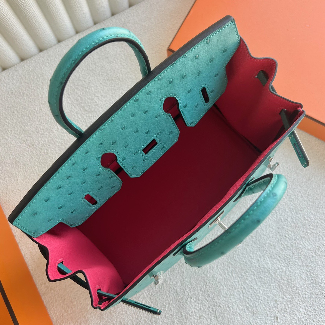 愛馬仕包包臺灣專賣店 Hermès Birkin 25 南非Klein Karoo鴕鳥皮Vert verone維羅納綠內拼Rose Azalee杜鵑粉新唇膏粉