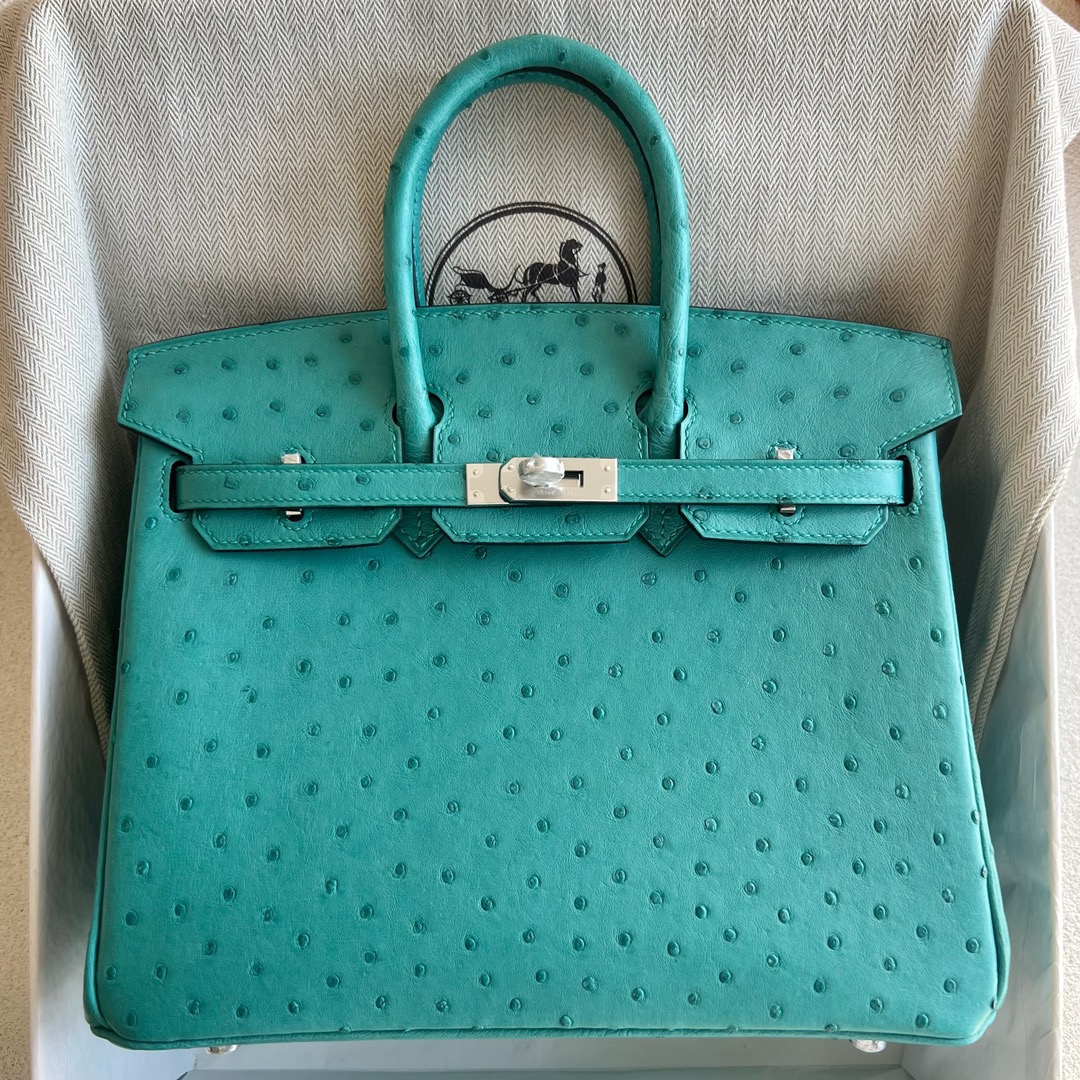 愛馬仕包包臺灣專賣店 Hermès Birkin 25 南非Klein Karoo鴕鳥皮Vert verone維羅納綠內拼Rose Azalee杜鵑粉新唇膏粉