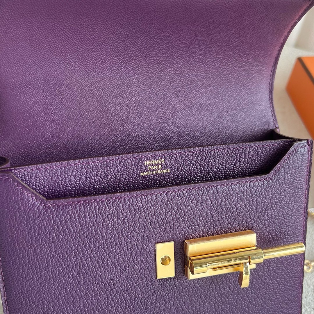 愛馬仕香港置地太子專賣店 Hermès Verrou 17.5 山羊皮顏色P9 Anemone海葵紫金色五金
