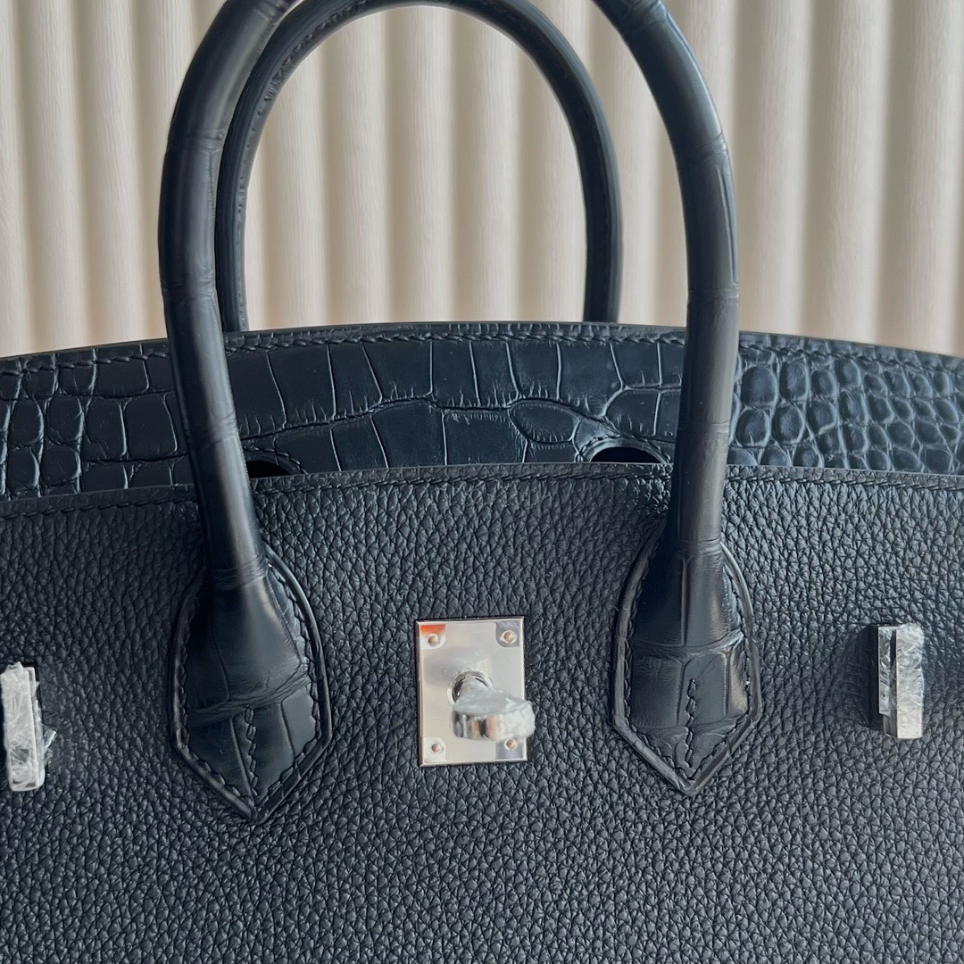 愛馬仕鉑金包25有多大 Hermès Birkin 25 Touch Togo/霧面美洲鱷魚皮 Noir黑色銀色五金