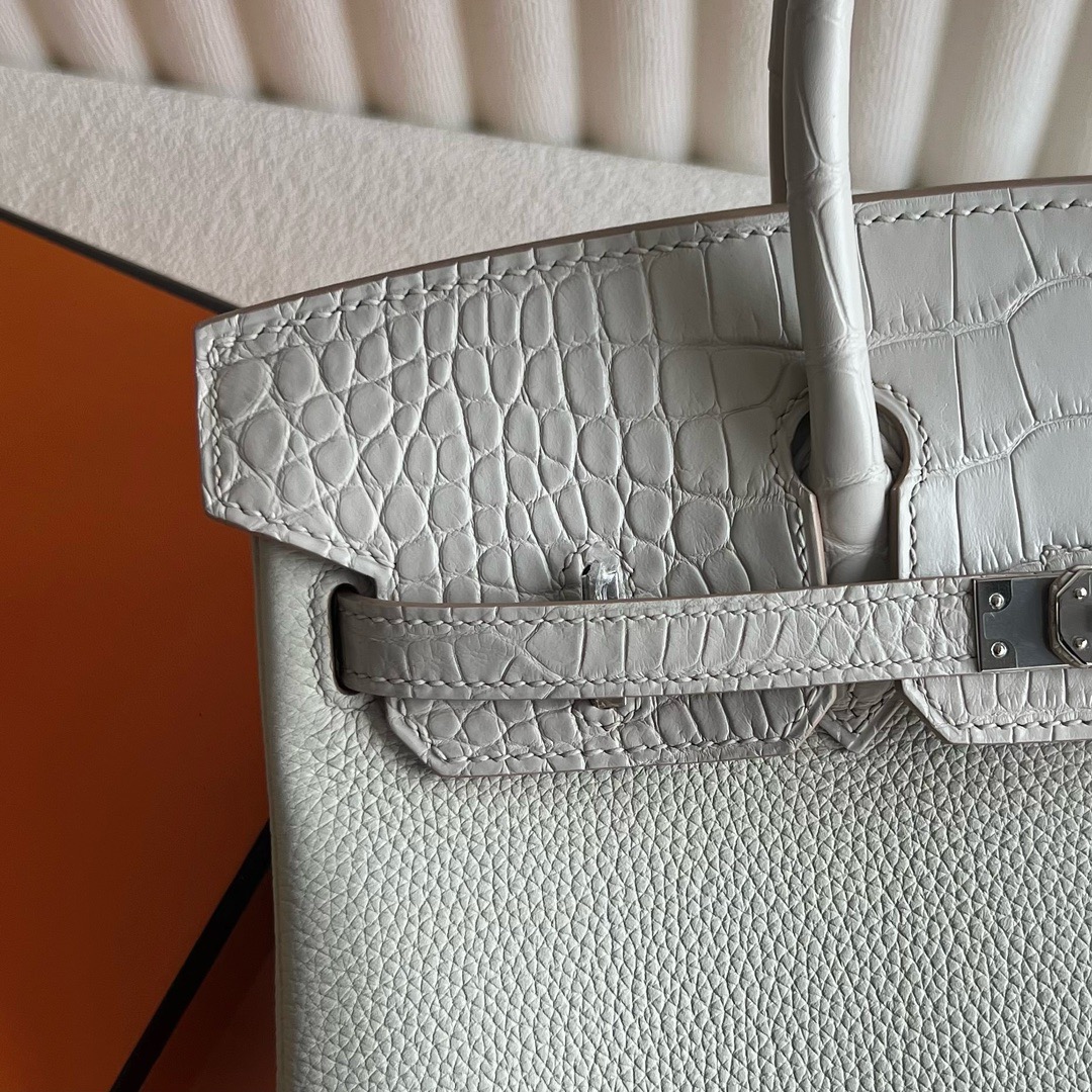 愛馬仕鉑金包25寸價格 Hermès Birkin 25 Touch Togo/霧面美洲鱷魚皮Beton冰川白 銀色五金