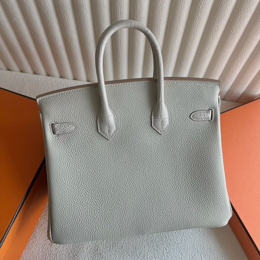 愛馬仕鉑金包25寸價格 Hermès Birkin 25 Touch Togo/霧面美洲鱷魚皮Beton冰川白 銀色五金