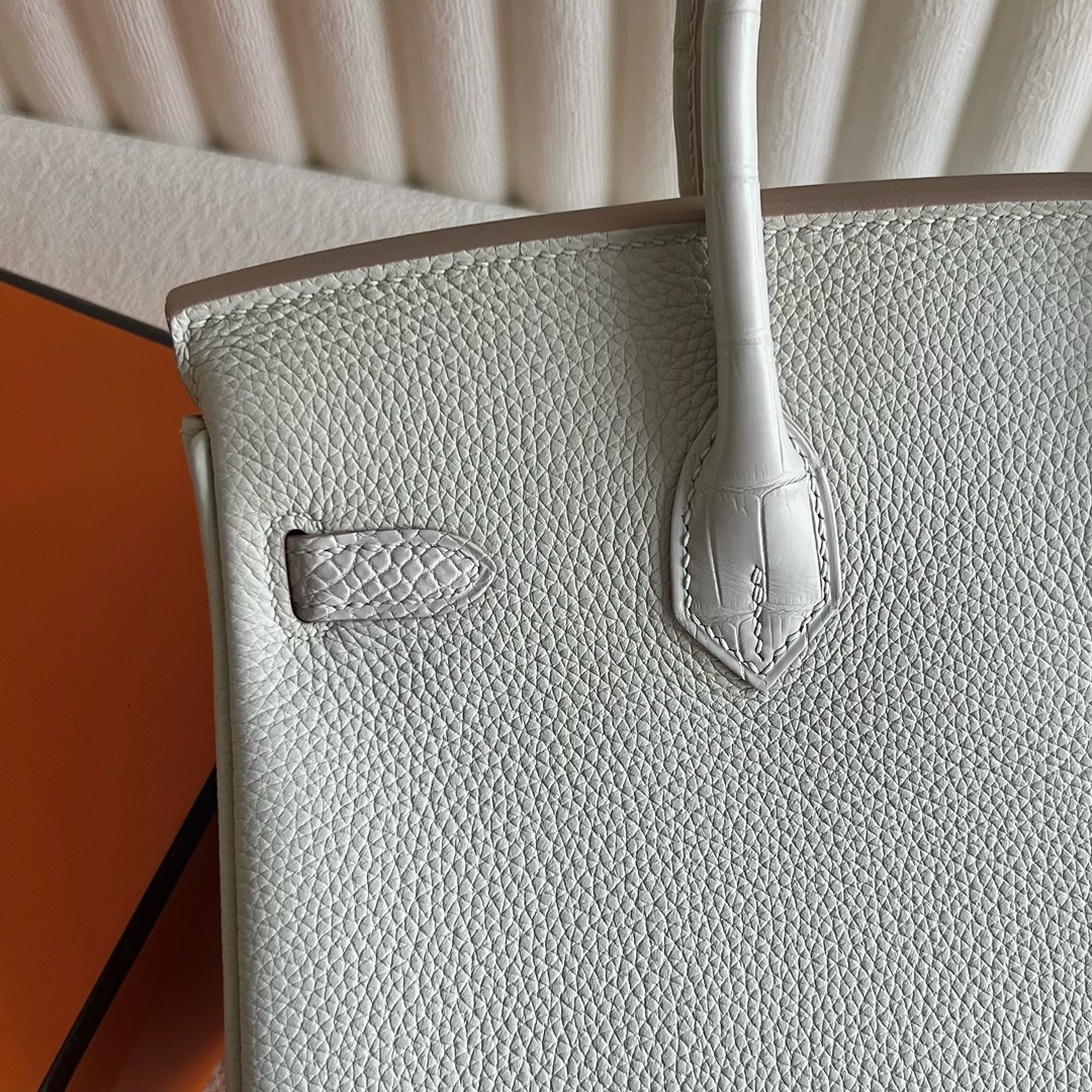 愛馬仕鉑金包25寸價格 Hermès Birkin 25 Touch Togo/霧面美洲鱷魚皮Beton冰川白 銀色五金
