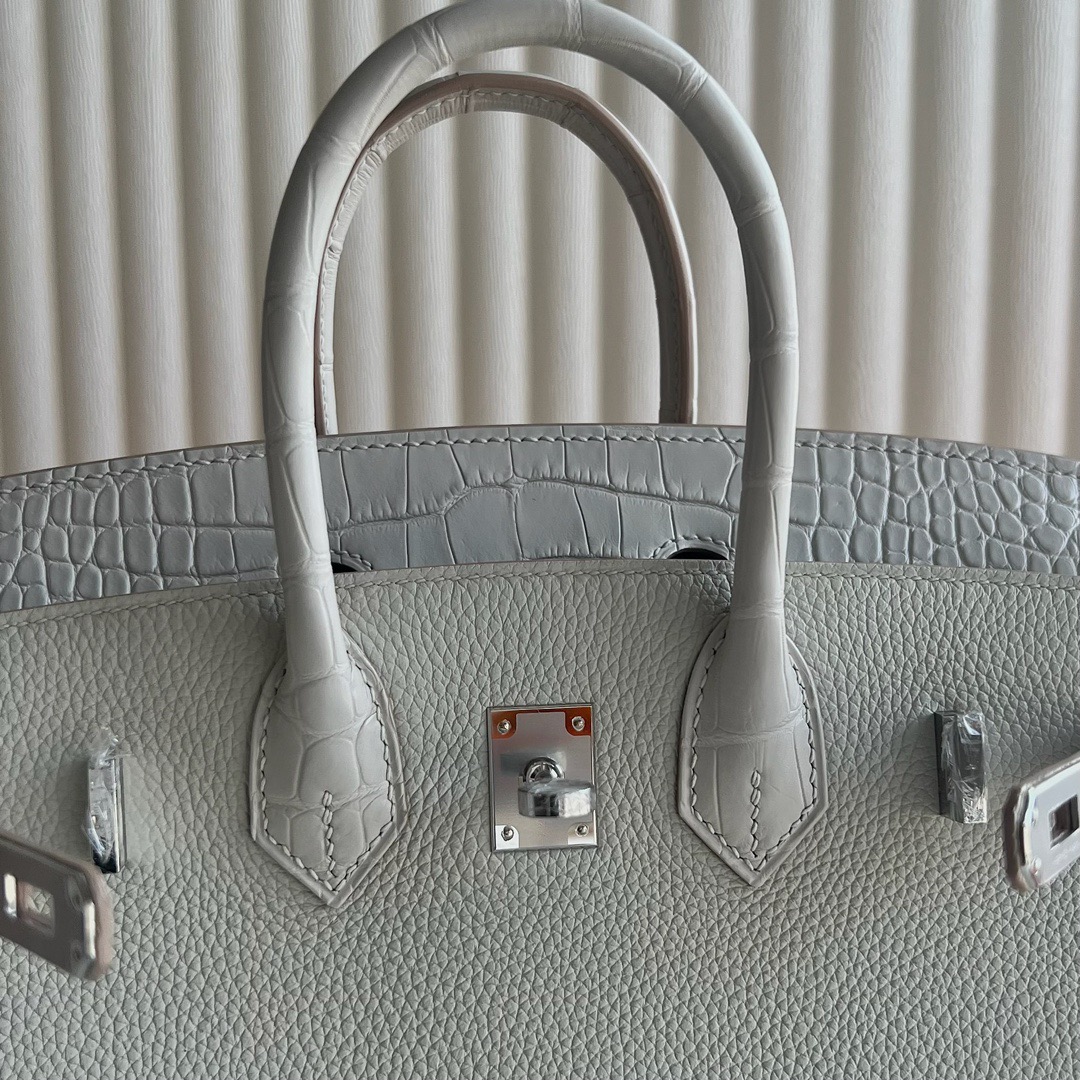 愛馬仕鉑金包25寸價格 Hermès Birkin 25 Touch Togo/霧面美洲鱷魚皮Beton冰川白 銀色五金