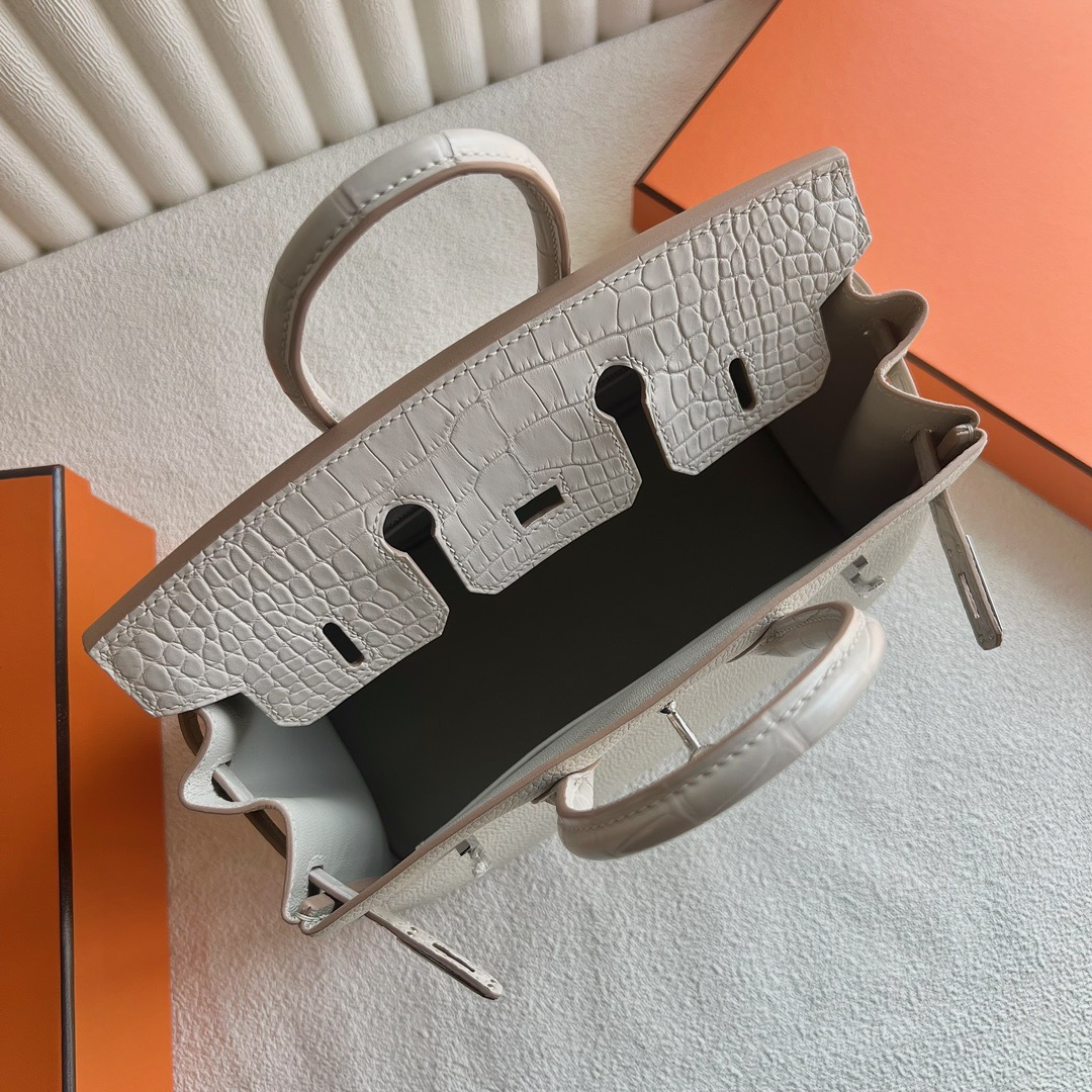 愛馬仕鉑金包25寸價格 Hermès Birkin 25 Touch Togo/霧面美洲鱷魚皮Beton冰川白 銀色五金
