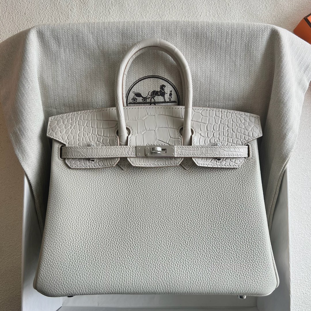 愛馬仕鉑金包25寸價格 Hermès Birkin 25 Touch Togo/霧面美洲鱷魚皮Beton冰川白 銀色五金