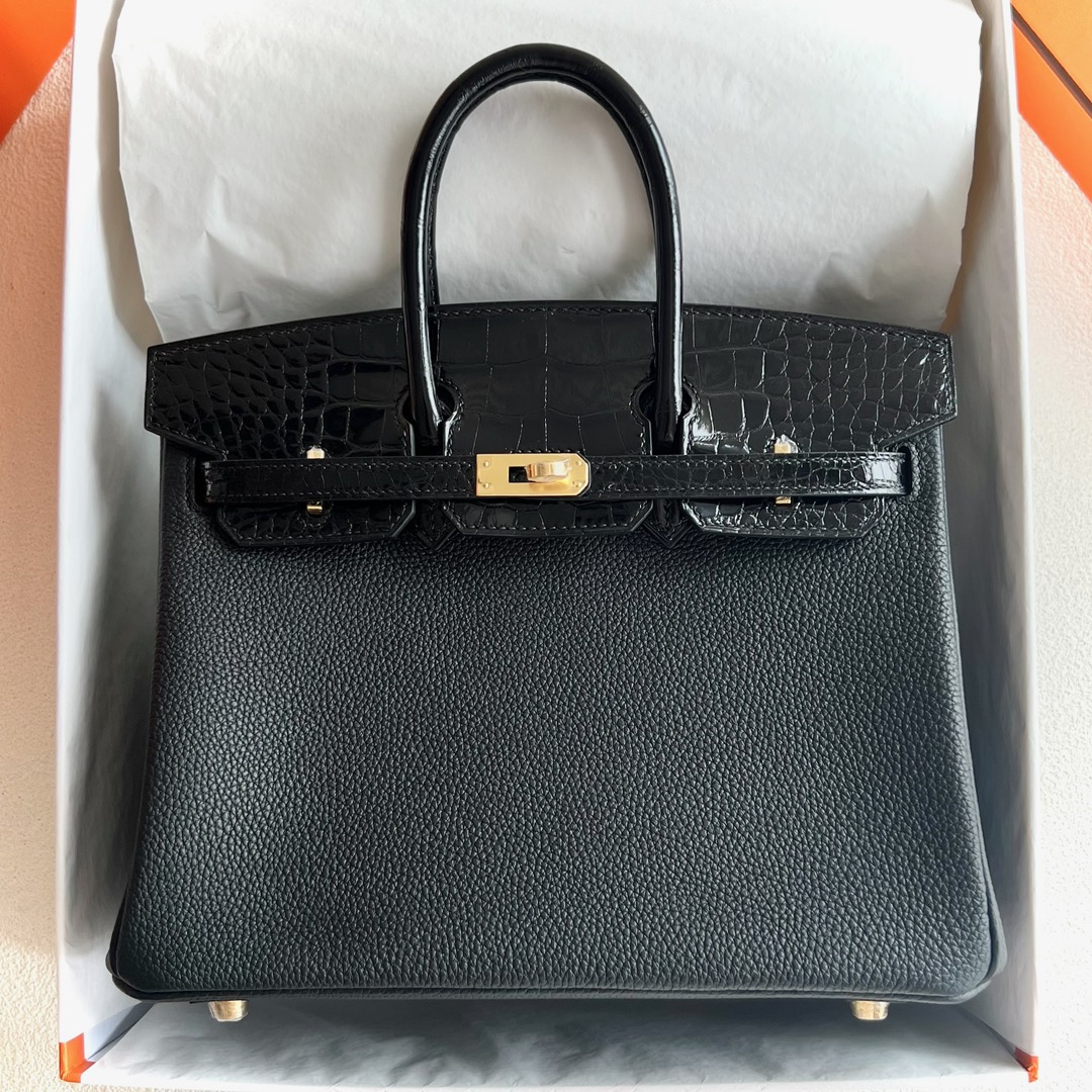 愛馬仕鉑金包25寸圖片 Hermès Birkin 25 Touch Togo/亮面美洲鱷魚皮Noir黑色金色五金