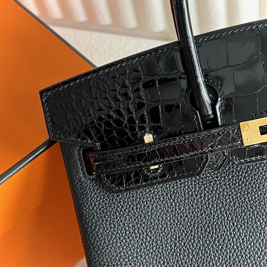 愛馬仕鉑金包25寸圖片 Hermès Birkin 25 Touch Togo/亮面美洲鱷魚皮Noir黑色金色五金