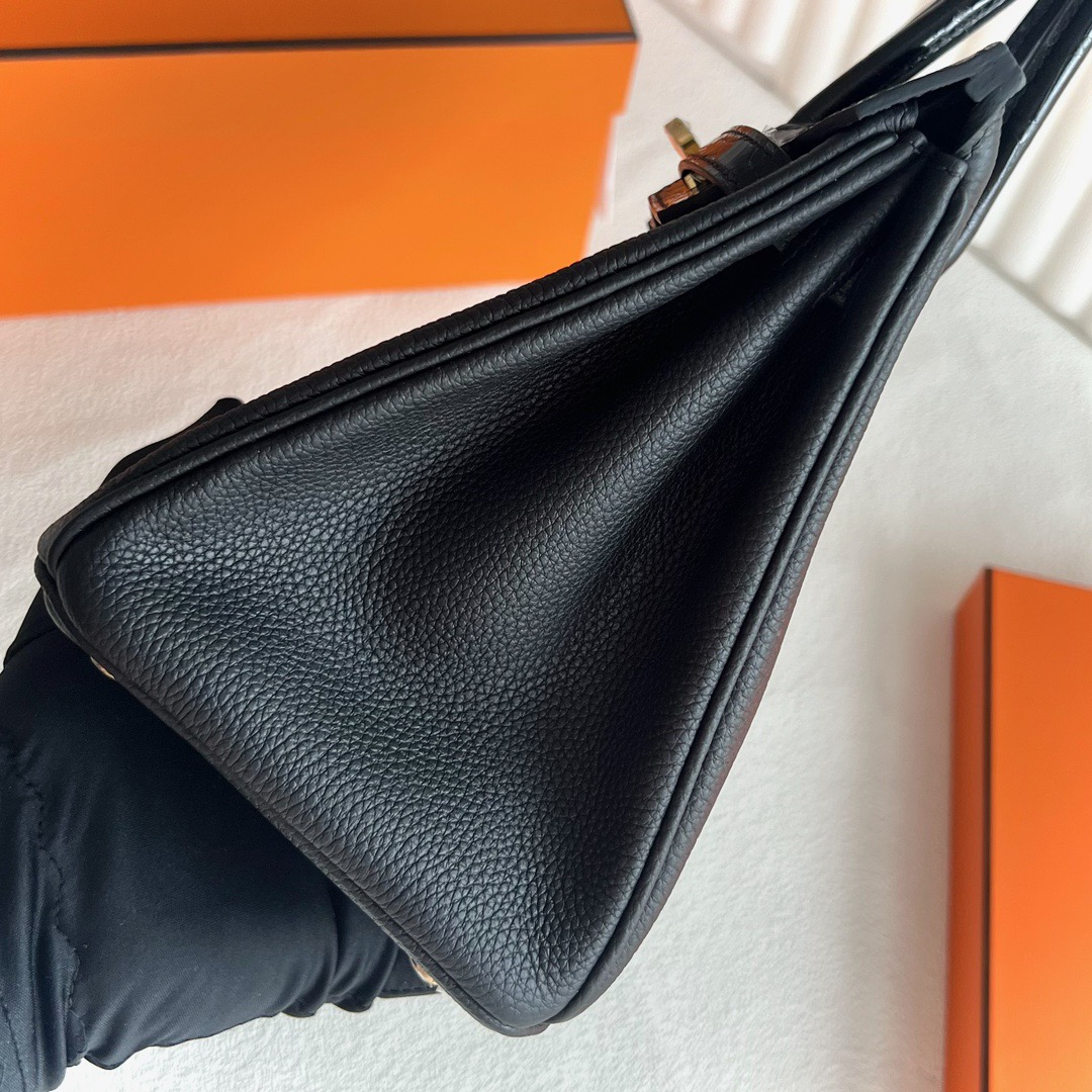 愛馬仕鉑金包25寸圖片 Hermès Birkin 25 Touch Togo/亮面美洲鱷魚皮Noir黑色金色五金