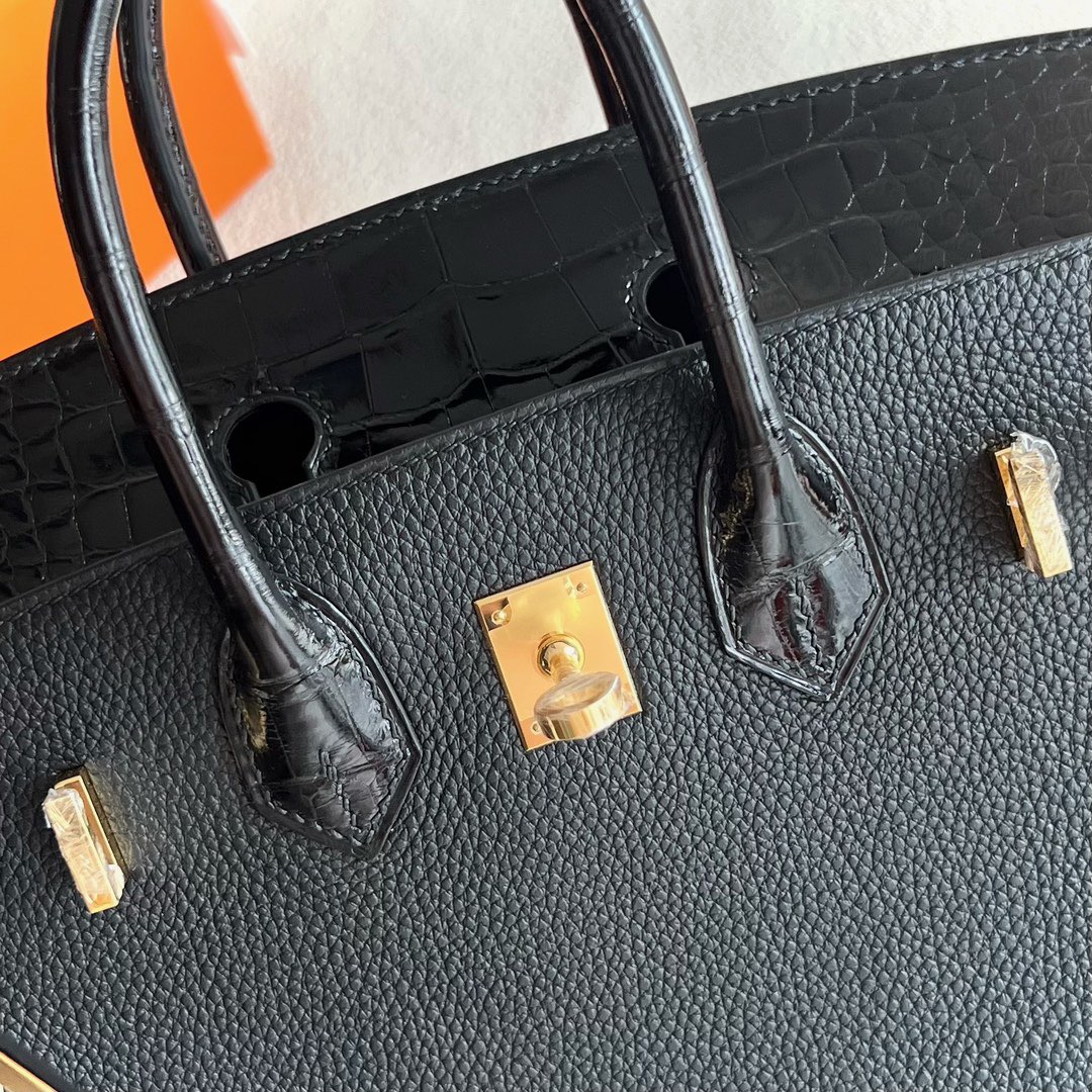 愛馬仕鉑金包25寸圖片 Hermès Birkin 25 Touch Togo/亮面美洲鱷魚皮Noir黑色金色五金