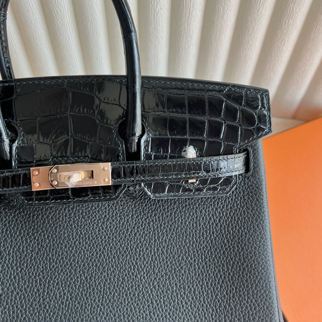 愛馬仕鉑金包25寸專櫃價格 Hermès Birkin 25 Touch Togo/亮面尼罗鱷魚皮Noir黑色玫瑰金扣
