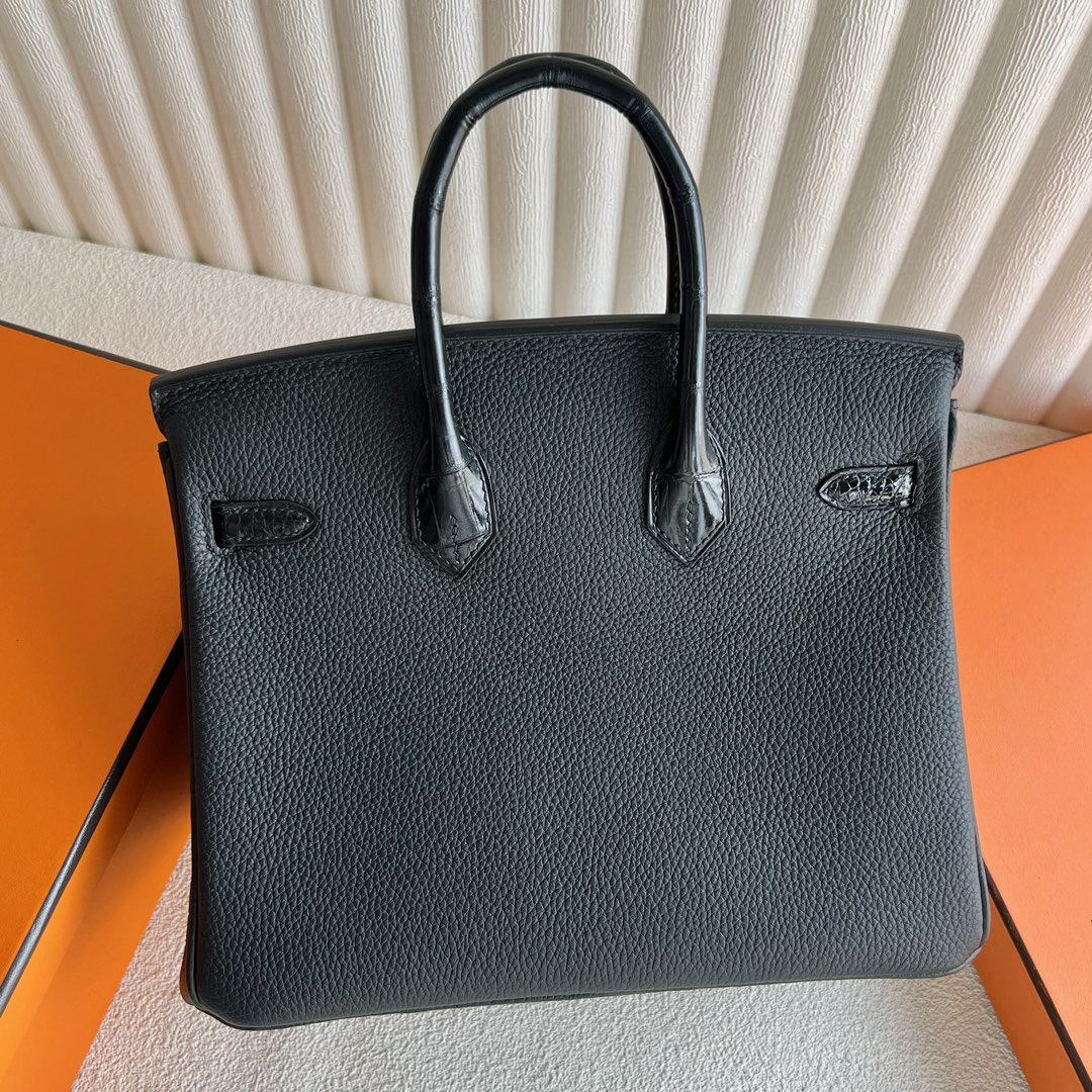 愛馬仕鉑金包25寸專櫃價格 Hermès Birkin 25 Touch Togo/亮面尼罗鱷魚皮Noir黑色玫瑰金扣