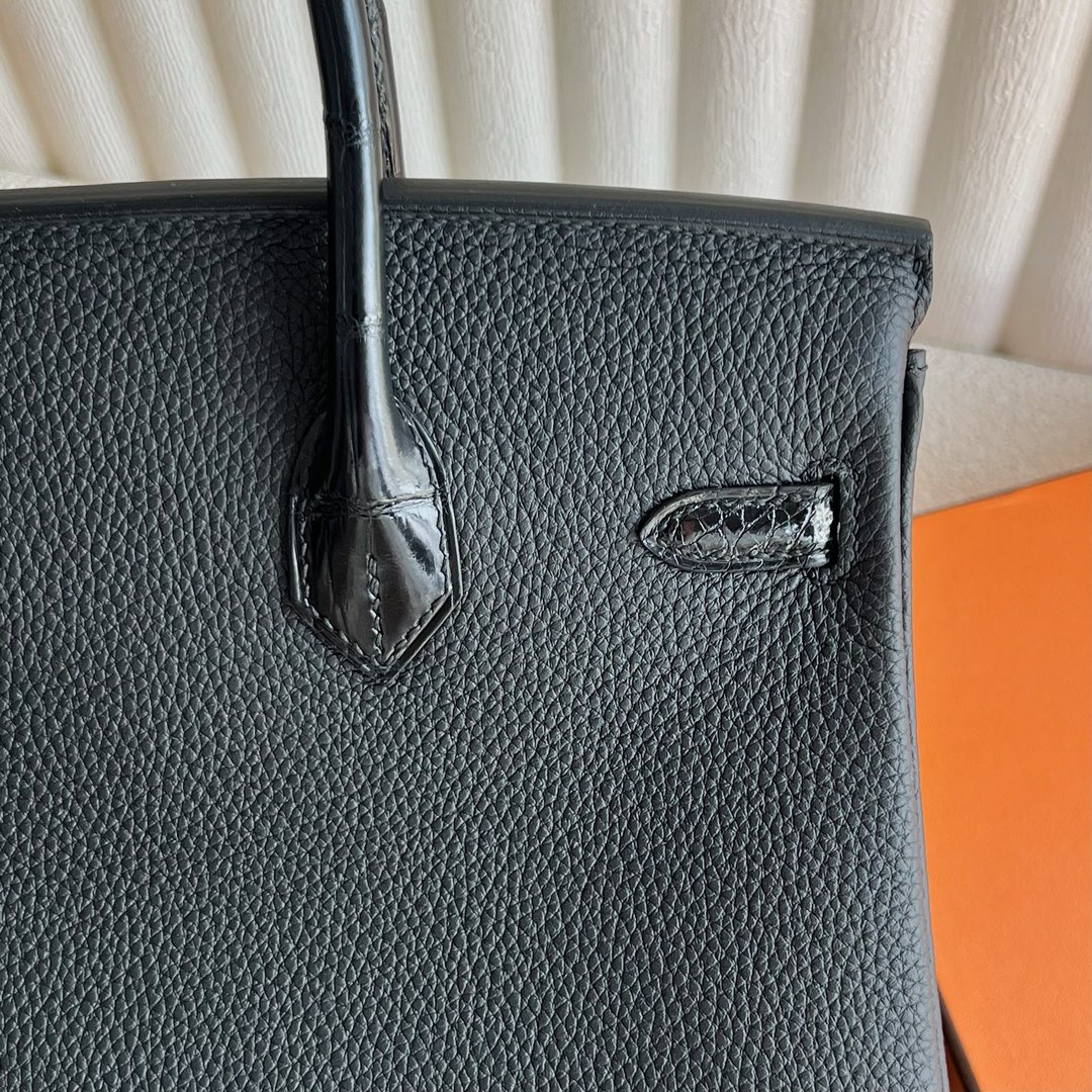 愛馬仕鉑金包25寸專櫃價格 Hermès Birkin 25 Touch Togo/亮面尼罗鱷魚皮Noir黑色玫瑰金扣