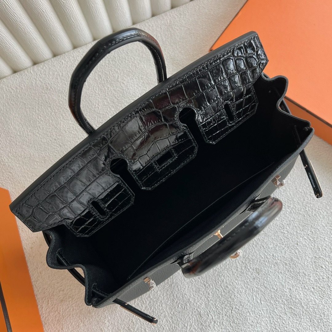 愛馬仕鉑金包25寸專櫃價格 Hermès Birkin 25 Touch Togo/亮面尼罗鱷魚皮Noir黑色玫瑰金扣