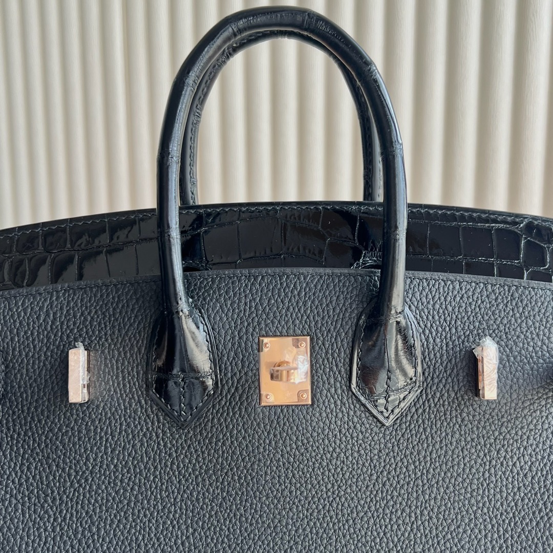 愛馬仕鉑金包25寸專櫃價格 Hermès Birkin 25 Touch Togo/亮面尼罗鱷魚皮Noir黑色玫瑰金扣
