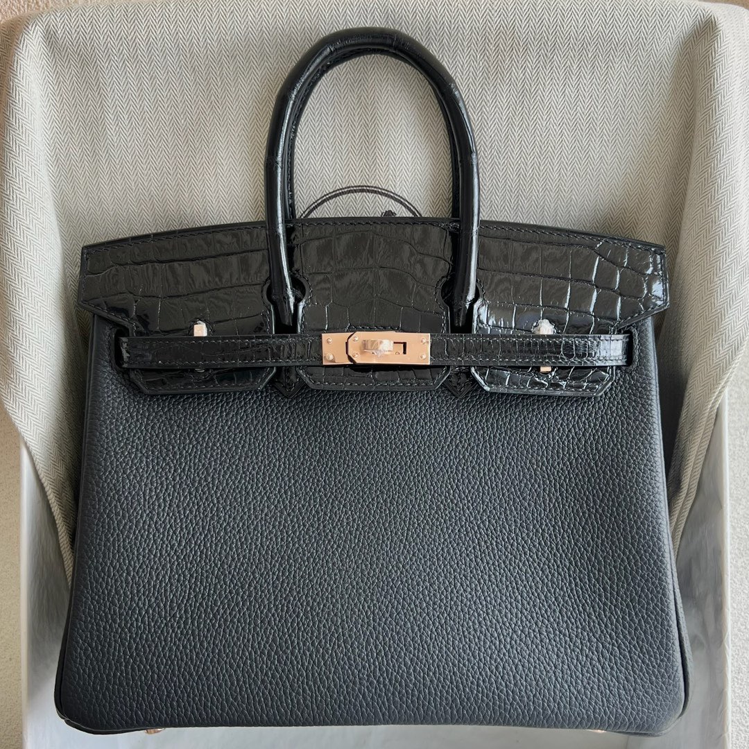 愛馬仕鉑金包25寸專櫃價格 Hermès Birkin 25 Touch Togo/亮面尼罗鱷魚皮Noir黑色玫瑰金扣