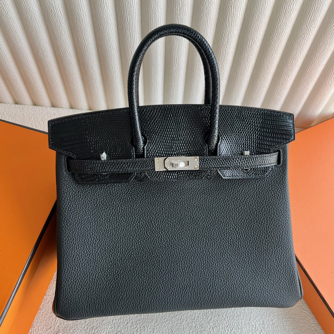 愛馬仕鉑金包25寸價格多少錢 Hermès Birkin 25 Touch Togo小牛皮拼/Lizard蜥蜴皮黑色銀色五金