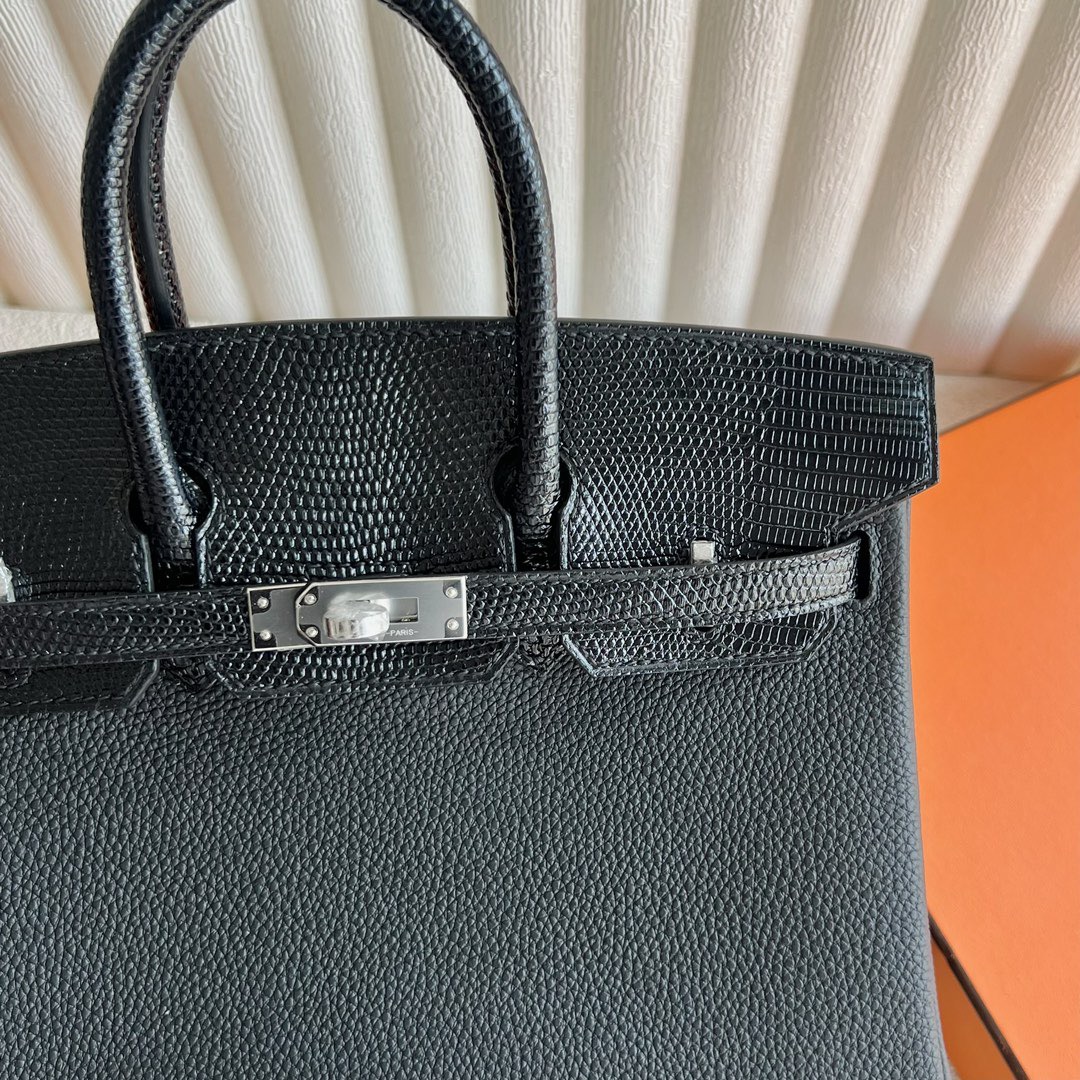 愛馬仕鉑金包25寸價格多少錢 Hermès Birkin 25 Touch Togo小牛皮拼/Lizard蜥蜴皮黑色銀色五金
