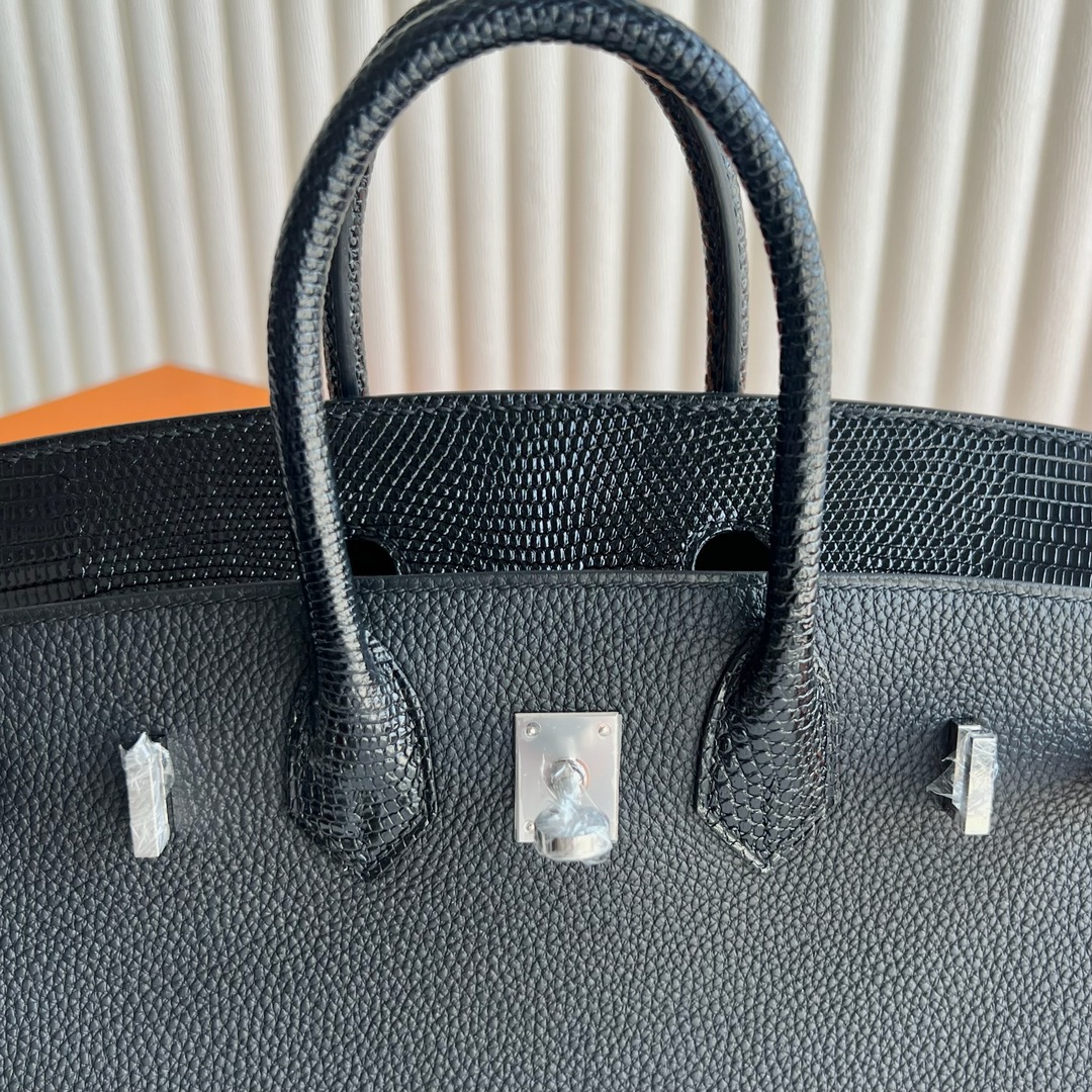 愛馬仕鉑金包25寸價格多少錢 Hermès Birkin 25 Touch Togo小牛皮拼/Lizard蜥蜴皮黑色銀色五金