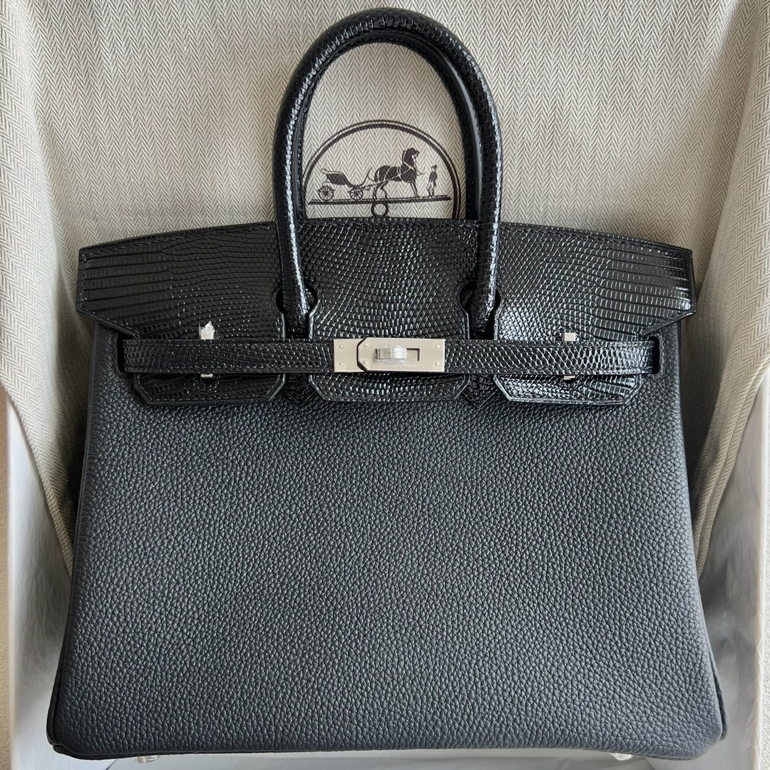 愛馬仕鉑金包25寸價格多少錢 Hermès Birkin 25 Touch Togo小牛皮拼/Lizard蜥蜴皮黑色銀色五金