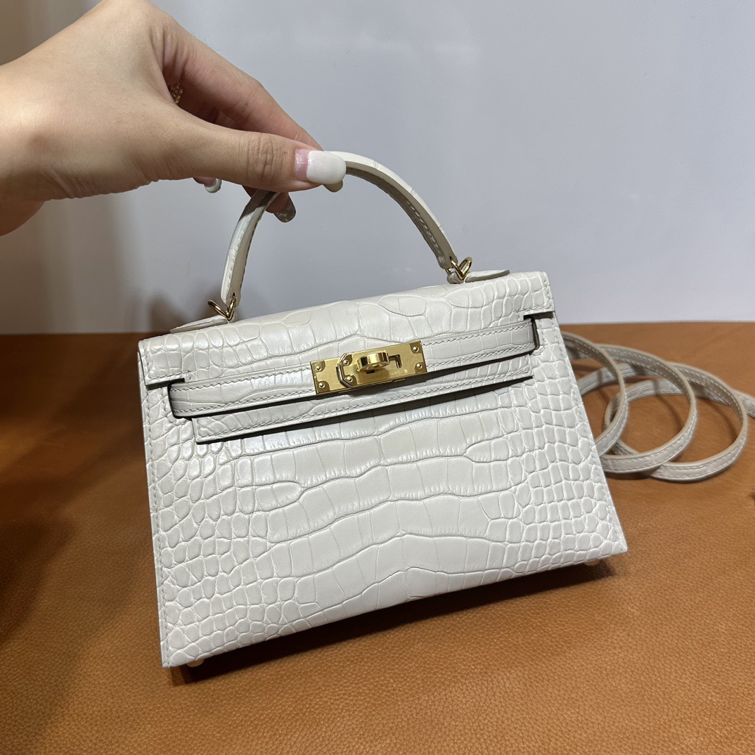 愛馬仕凱莉迷你二代19尺寸價格Hermès Kelly Mini Sellier 霧面美洲鱷魚皮奶油白 金色五金