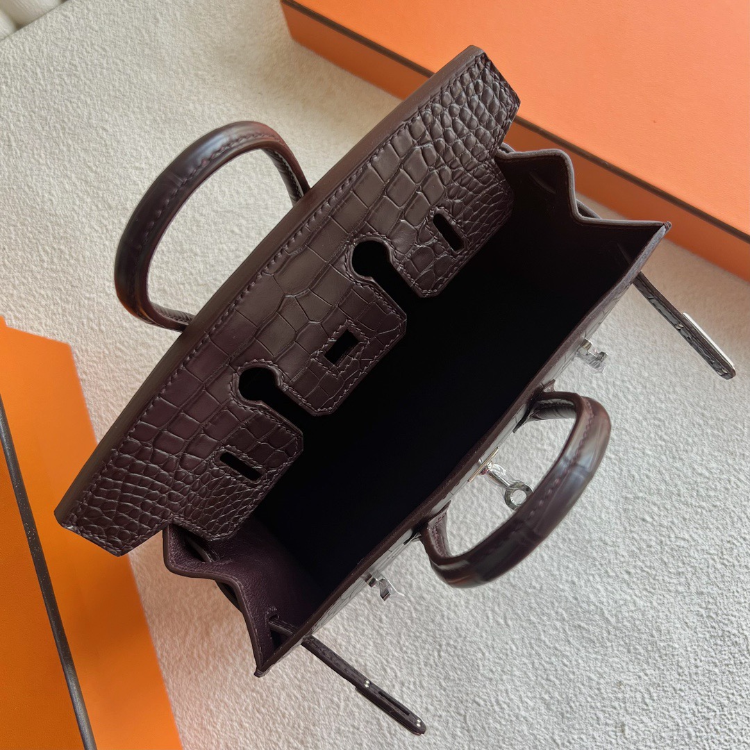 愛馬仕迷你外縫鉑金包Hermès Birkin 20 Sellier外縫霧面美洲鱷魚皮哈瓦那色銀色五金