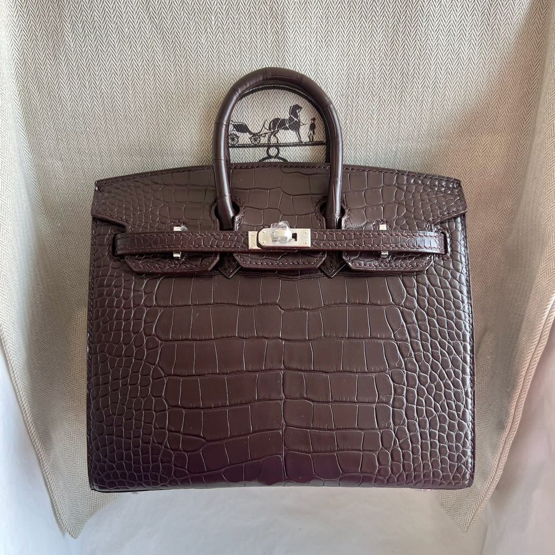 愛馬仕迷你外縫鉑金包Hermès Birkin 20 Sellier外縫霧面美洲鱷魚皮哈瓦那色銀色五金