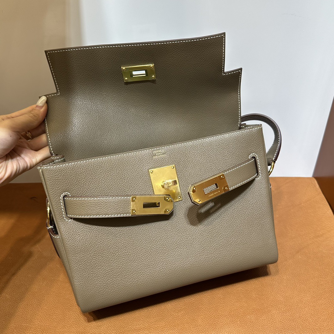 愛馬仕郵差包價格及圖片 Hermès Kelly Messenger Evercolor Etoupe大象灰 金色五金