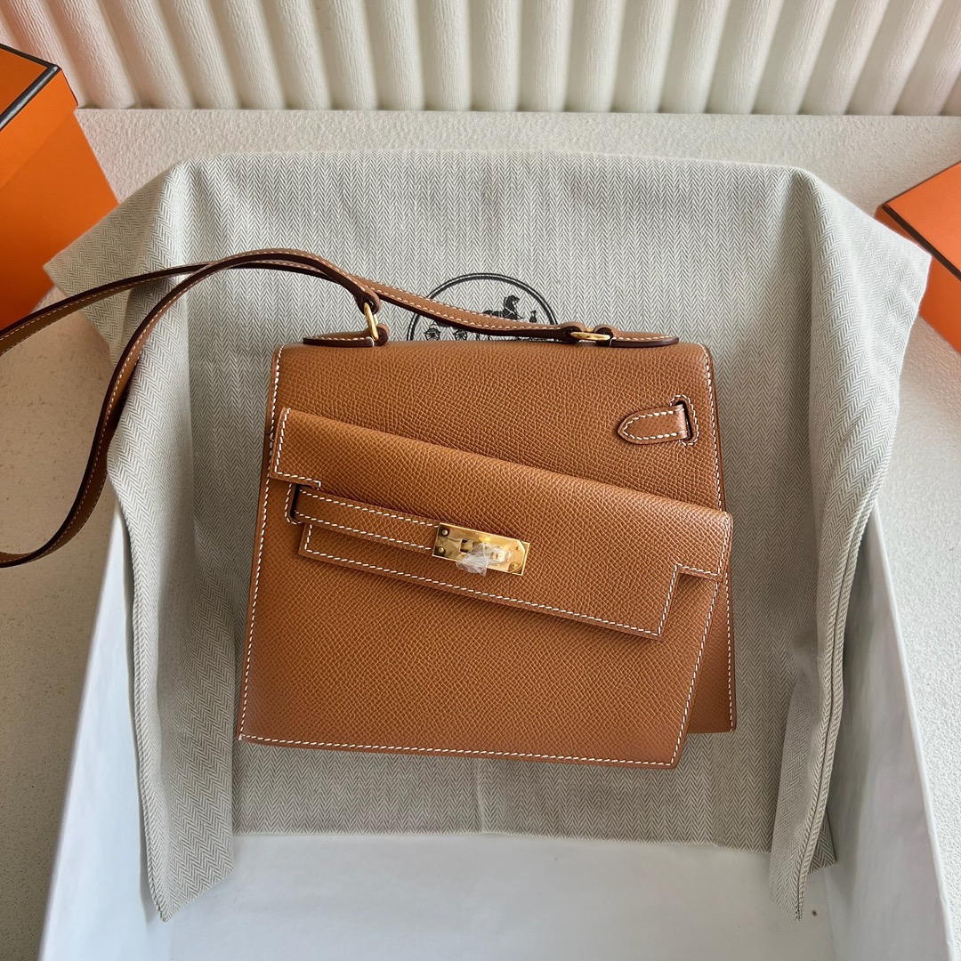 爱马仕双面Kelly包图片 Hermès Kelly Desordre Epsom Leather 金棕色 金色五金