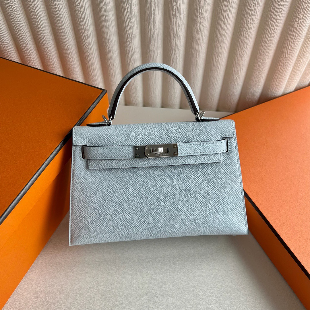 愛馬仕包包泰國旗艦店Hermès Kelly Mini Sellier Epsom T0 Bleu Brume 霧霾藍銀色五金