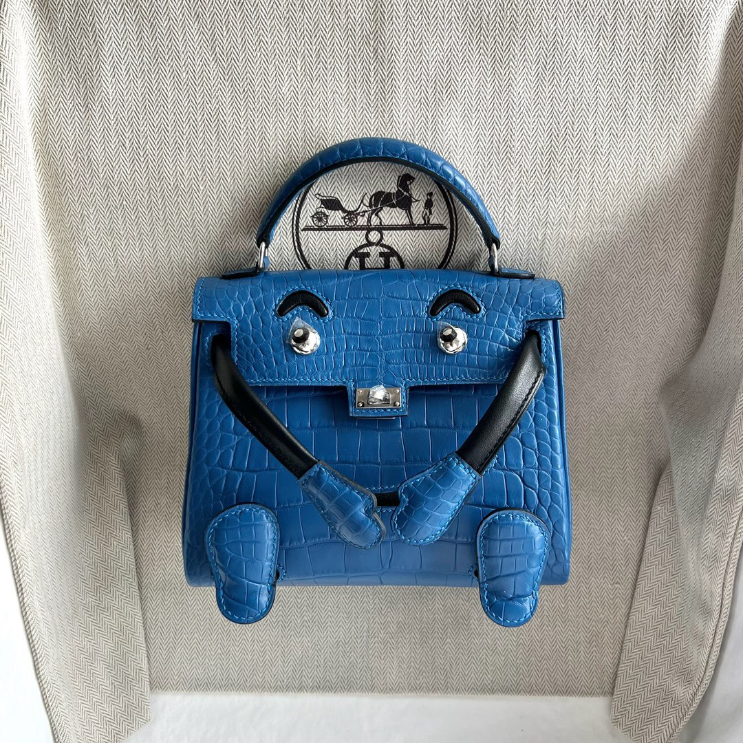愛馬仕包包泰國旗艦店Hermès Kelly Doll 霧面美洲鱷魚皮Bleu Zellige琉璃藍 黑色銀色五金