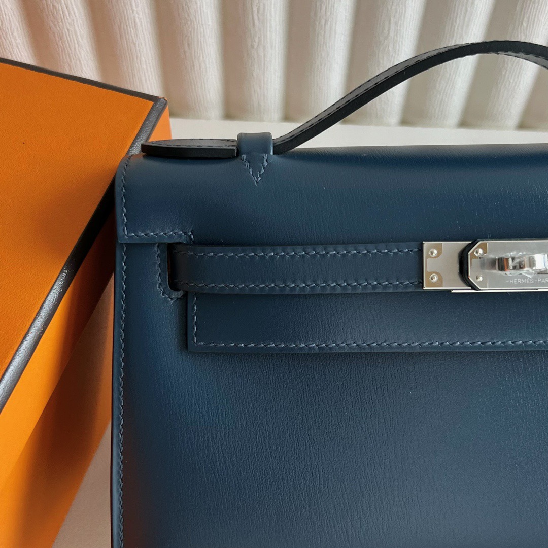 愛馬仕最經典四個包 Hermès Mini Kelly Pochette Box Leather Bleu de Prusse普魯士藍銀色五金