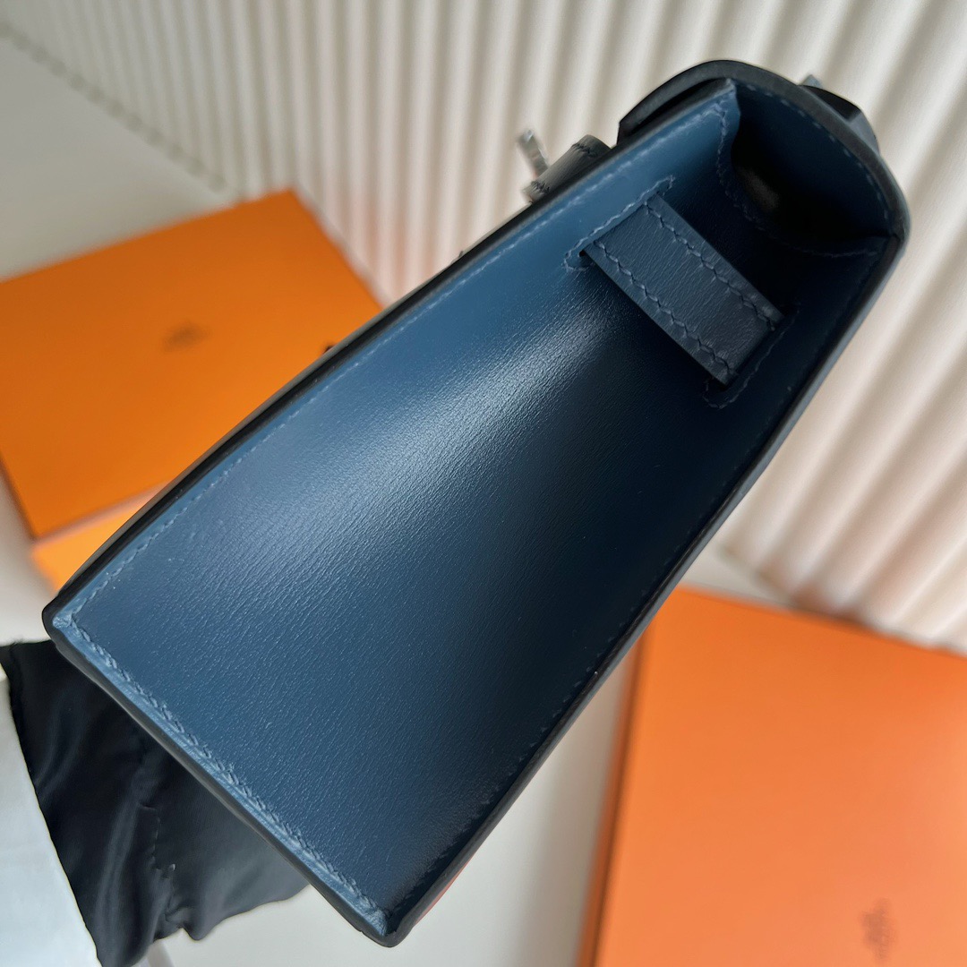 愛馬仕最經典四個包 Hermès Mini Kelly Pochette Box Leather Bleu de Prusse普魯士藍銀色五金