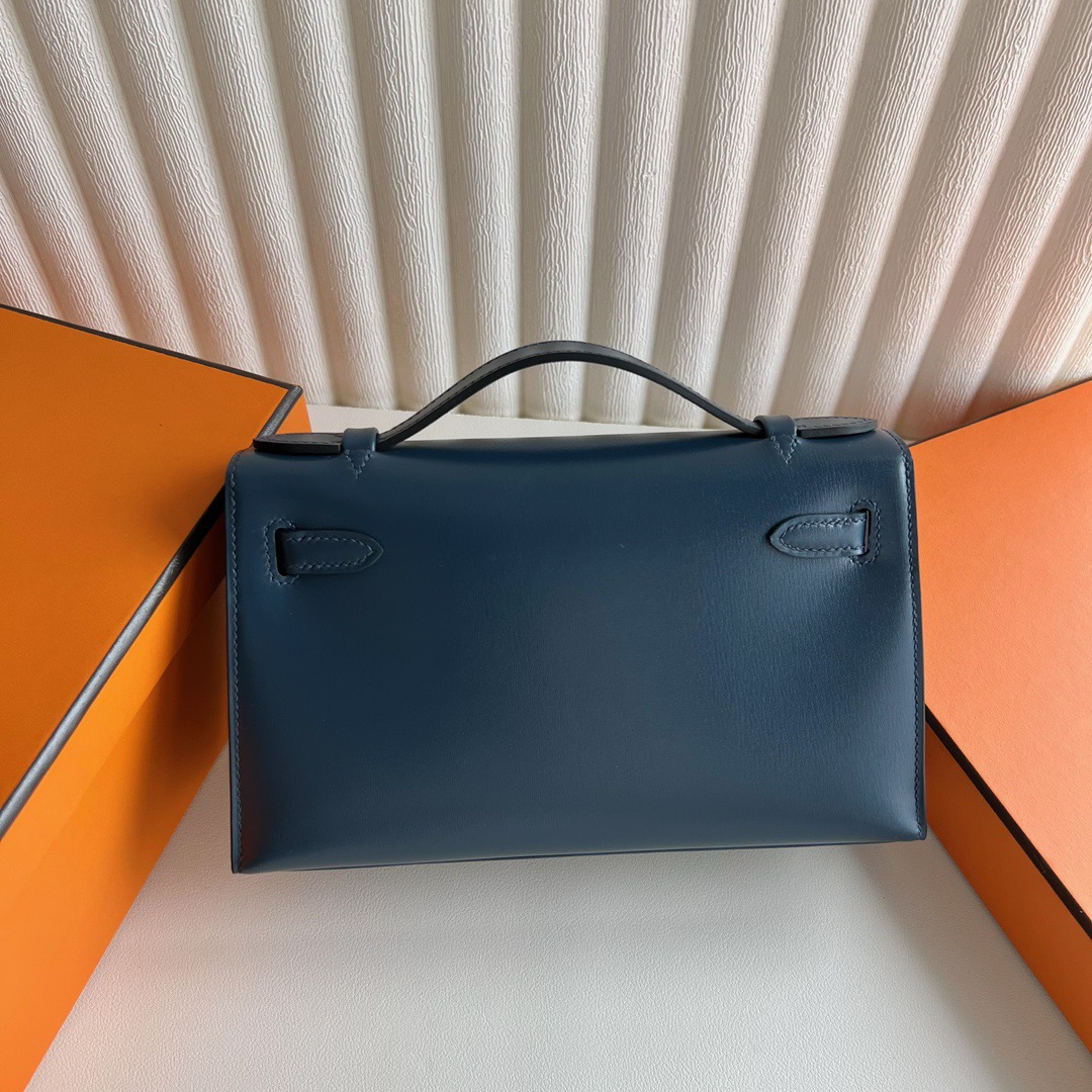 愛馬仕最經典四個包 Hermès Mini Kelly Pochette Box Leather Bleu de Prusse普魯士藍銀色五金